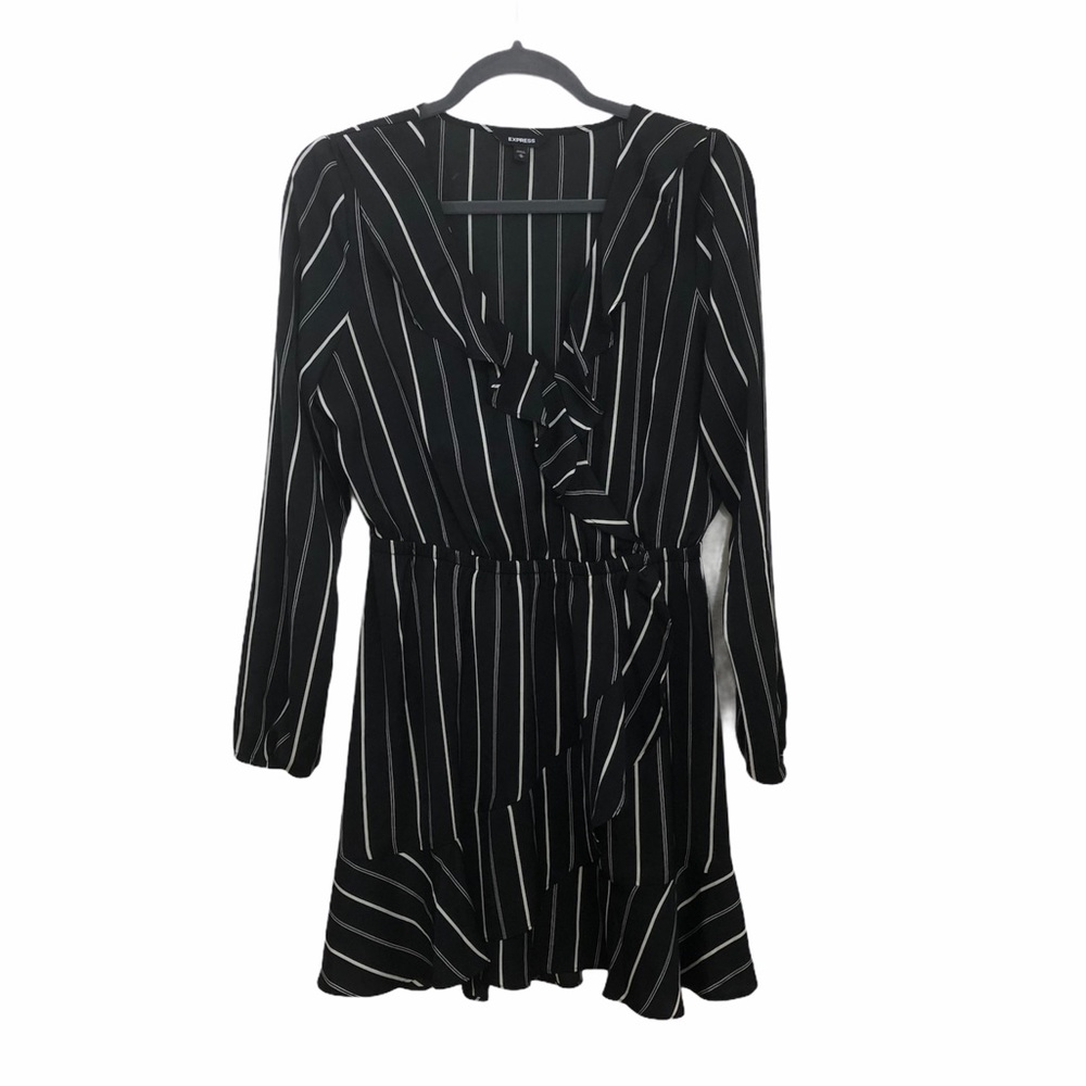 Express Ruffle Faux Wrap Dress Black White Sz Med